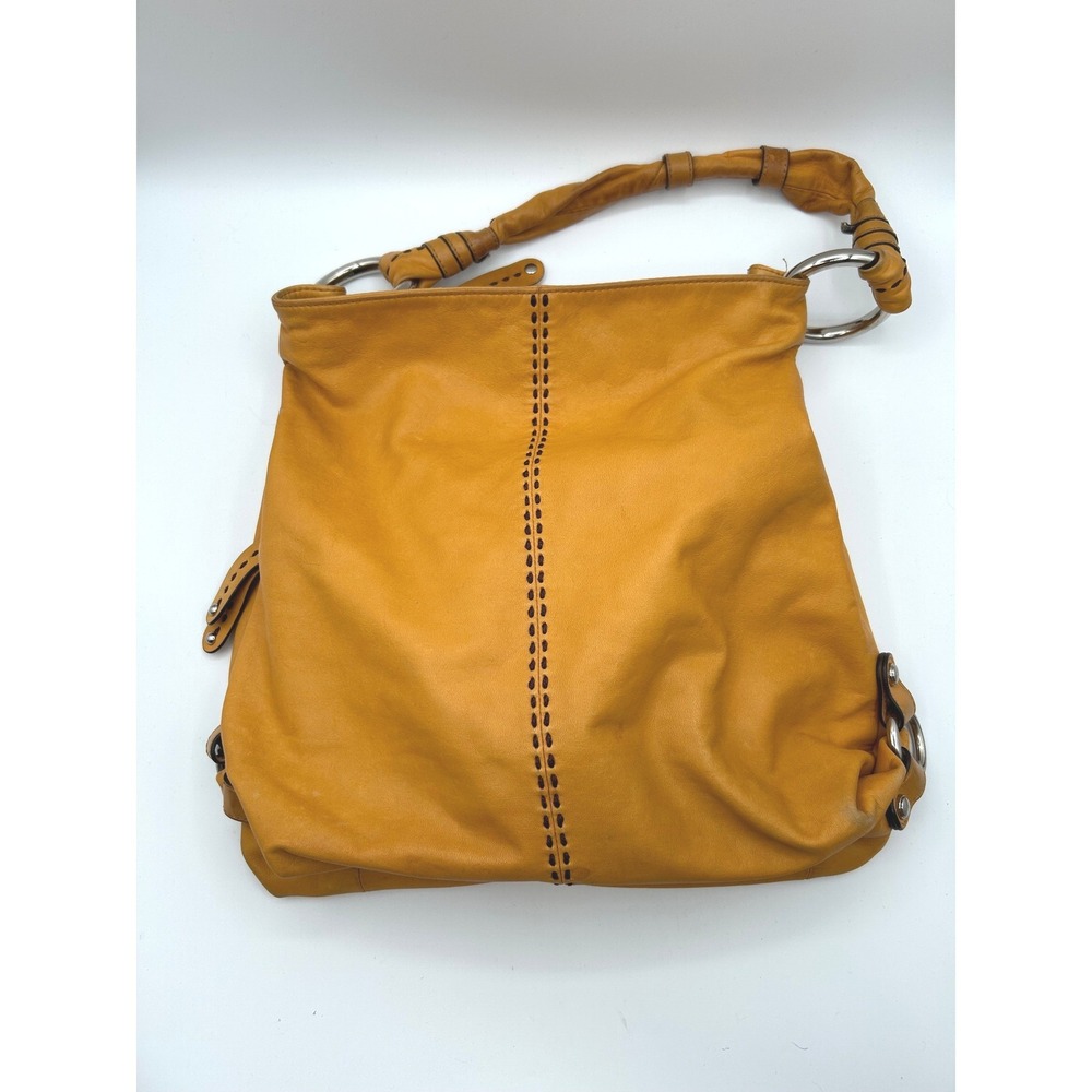 B. Makowsky Hobo Bag Women Large Mustard Yellow Leather Whipstitch Ring‎ Handle